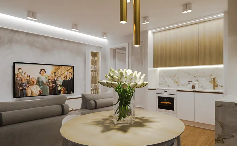 Wnętrze kuchni z białymi meblami, drewnianym blatem i kwiatami, styl quiet luxury.