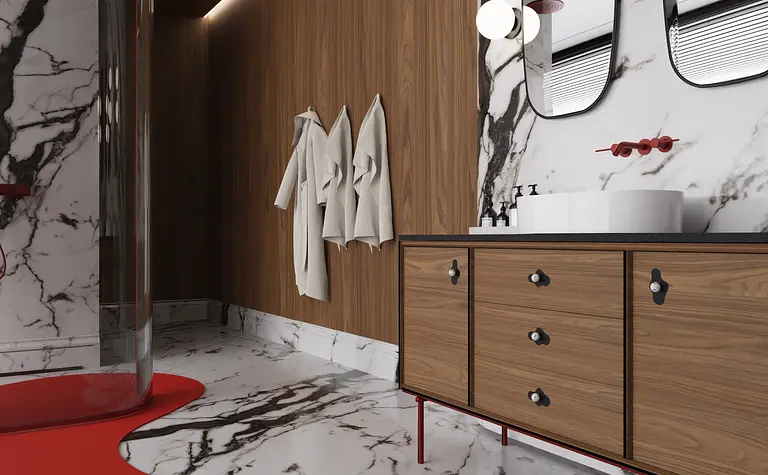 Stylowa łazienka z marmurowymi ścianami, drewnianą szafką i akcentami w kolorze czerwonym, dopamine decor, eklektyczny, glamour.