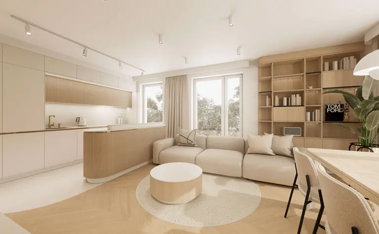 Wnętrze kuchni w stylu japandi, minimalistycznym i quiet luxury z jasnymi meblami.