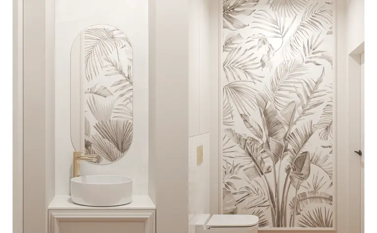 Wnętrze łazienki w stylu art deco i soft minimalizm z białymi akcentami.
