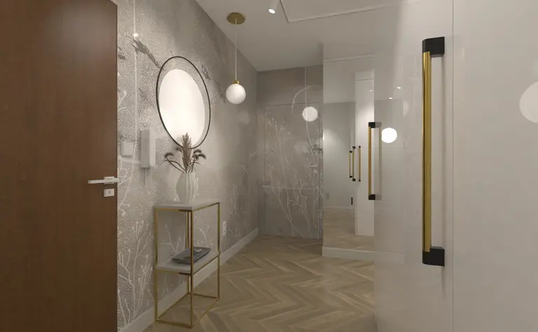 Przedpokój z boho i nowoczesnymi detalami, lustro i drewniana podłoga.