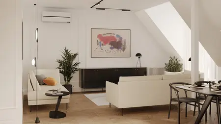 Salon w stylu eklektycznym z minimalistycznym wyposażeniem i roślinami