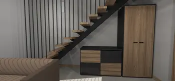 Wnętrze z drewnianymi schodami, minimalistyczne meble w stylu japandi i skandynawskim.