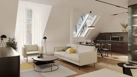 Eklektyczne wnętrze z minimalistycznym akcentem, nowoczesny salon z jasnymi dodatkami.