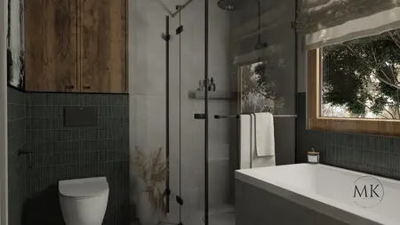 Nowoczesna łazienka w stylu art deco, boho i minimaluxe z drewnem i szarością.
