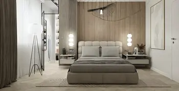 Sypialnia w stylu japandi, minimalistycznym z drewnianą ścianą i eleganckim łóżkiem.