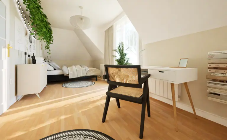 Wnętrze pokoju z biurkiem, roślinami i jasnymi kolorami, styl boho