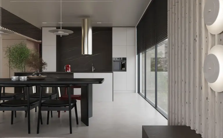 Nowoczesna kuchnia z minimalistycznym designem, białymi meblami i czarnymi detalami.