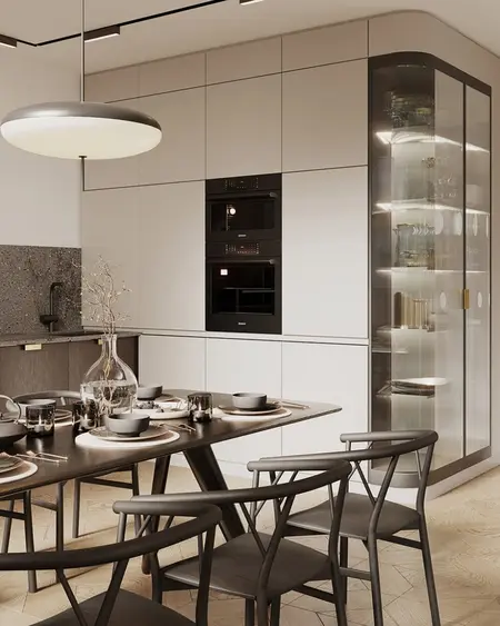 Eklektyczna kuchnia z minimalistycznym designem, nowoczesne meble i quiet luxury