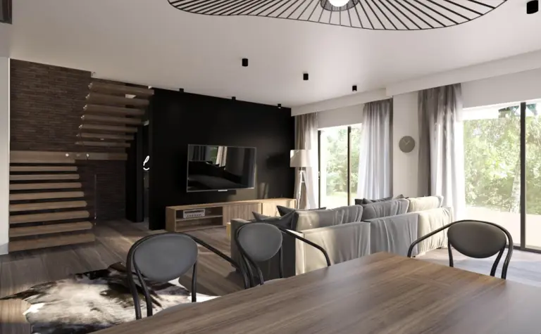 Wnętrze salonu w stylu eklektycznym, minimalistycznym i nowoczesnym z drewnianymi elementami.