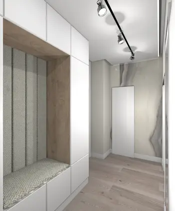 Przedpokój w stylu japandi z białymi meblami i drewnianymi detalami.