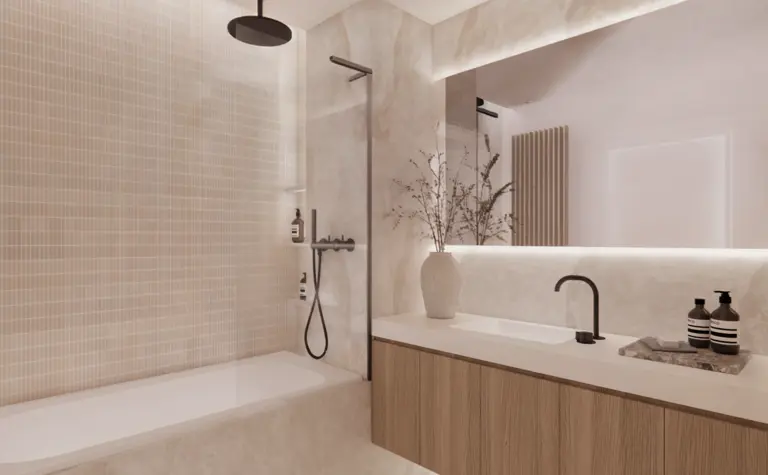 Minimalistyczna łazienka z elementami quiet luxury i soft minimalizmu.