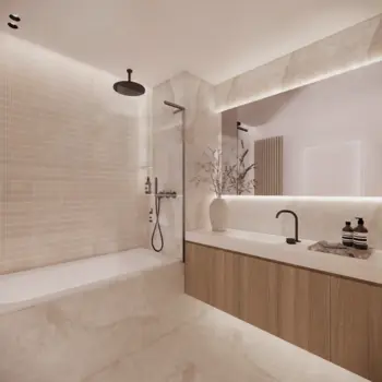 Minimalistyczna łazienka z elementami quiet luxury i soft minimalizmu.