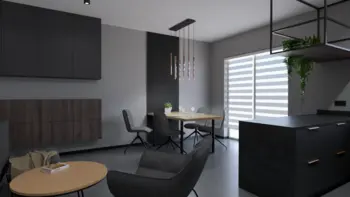 Wnętrze jadalni w stylu industrialnym, minimalistycznym, nowoczesnym z drewnianym stołem.