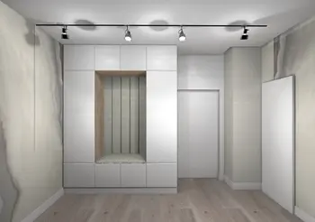 Przedpokój z białymi meblami, szarymi ścianami oraz drewnianym akcentem, w stylu japandi i minimalistycznym.