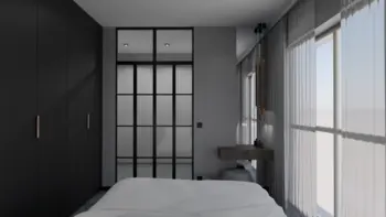 Sypialnia w stylu industrialnym z minimalistycznym wystrojem, szare ściany, czarne meble.