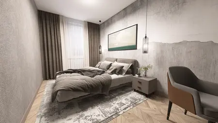Sypialnia z nowoczesnym wystrojem, szarymi ścianami i drewnianą podłogą.