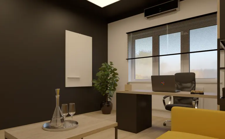 Gabinet w stylu industrialnym z biurkiem i rośliną