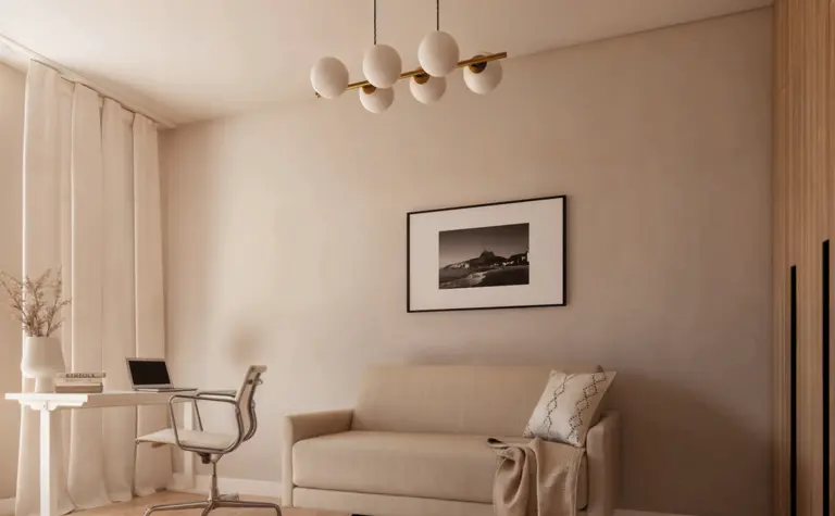 Wnętrze salonu w stylu minimalistycznym z beżową sofą i nowoczesnym biurkiem.