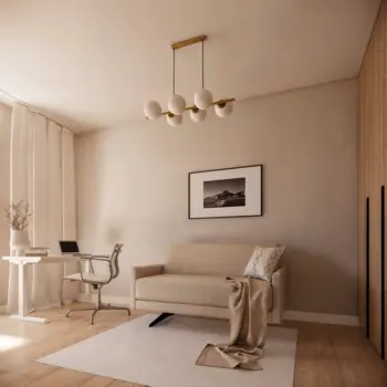 Wnętrze salonu w stylu minimalistycznym z beżową sofą i nowoczesnym biurkiem.