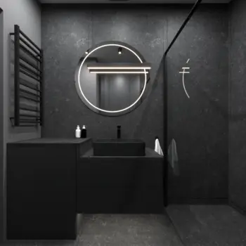 Nowoczesna łazienka z czarnymi akcentami, minimalistycznym designem i industrialnym stylem.