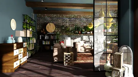 Wnętrze salonu boho z ceglaną ścianą i roślinami.