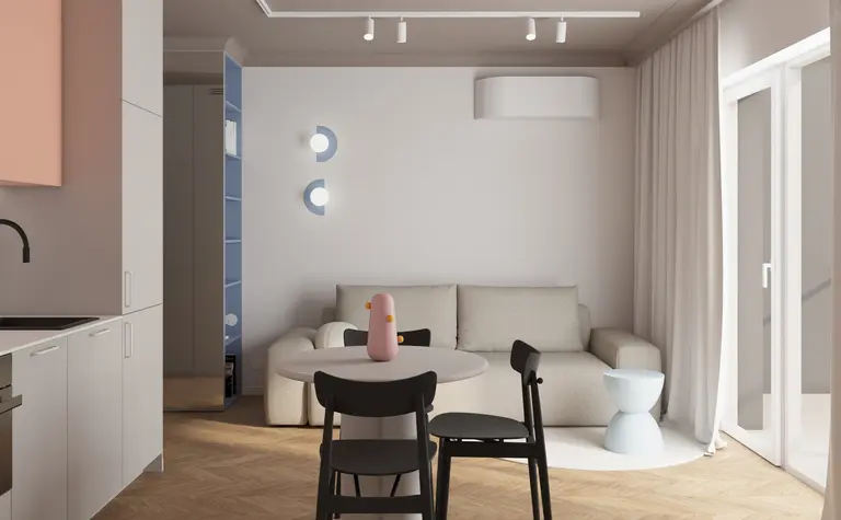 Wnętrze salonu z eklektycznym designem, nowoczesnymi meblami i współczesnymi akcentami.