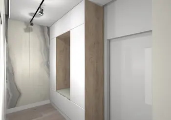 Nowoczesna garderoba z białymi meblami, drewnianymi detalami i minimalistycznym wykończeniem.