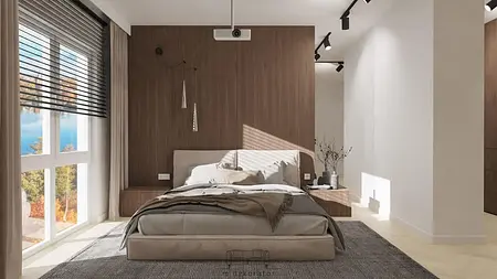 Sypialnia w stylu minimalistycznym z drewnianą ścianą i nowoczesnymi akcentami.