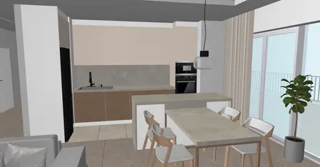 Minimalistyczne wnętrze kuchni z drewnianymi meblami i szarym blatem, nowoczesny styl