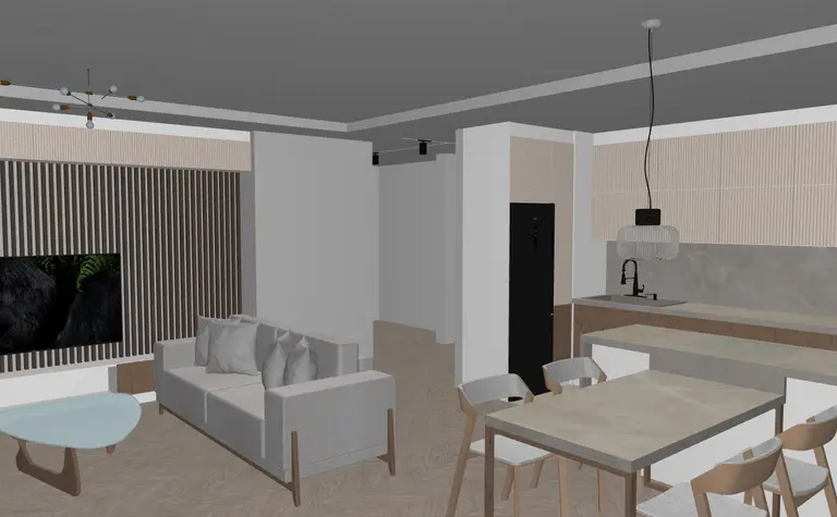 Wnętrze salonu z minimalistycznym designem, szare meble i drewniane akcenty.