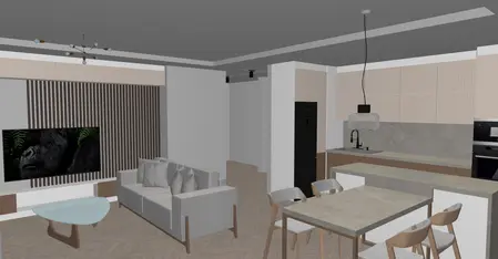 Wnętrze salonu z minimalistycznym designem, szare meble i drewniane akcenty.