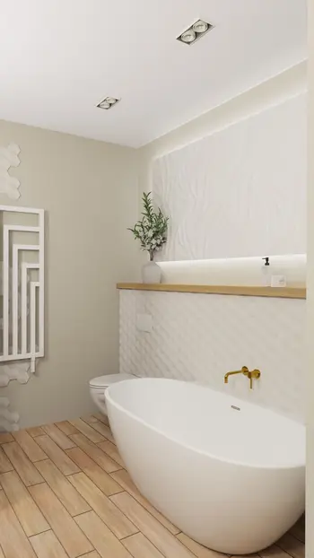 Nowoczesna łazienka w stylu boho, minimalistycznym i tradycyjnym z białą wanną.