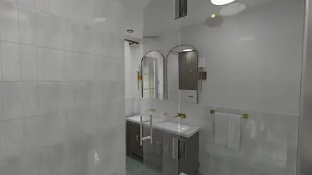 Wnętrze łazienki z szarymi płytkami i białymi akcentami, tradycyjny design.