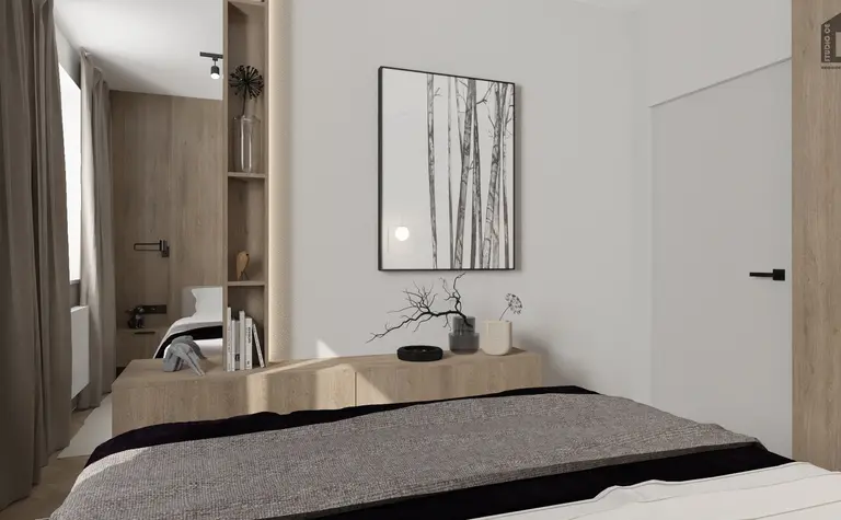 Wnętrze sypialni w stylu industrialnym i minimalistycznym z drewnem i szarością.