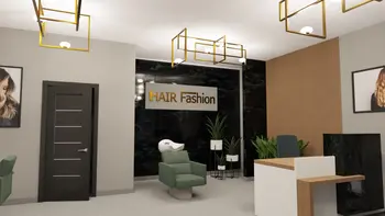 Recepcja salonu fryzjerskiego w stylu glamour i industrialnym z zielonymi fotelami.