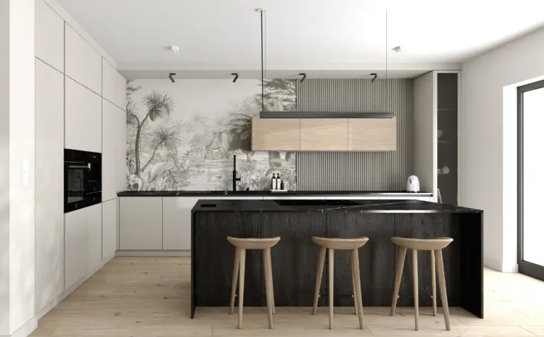 Kuchnia eklektyczna z minimalistycznym wykończeniem, nowoczesne meble i quiet luxury.