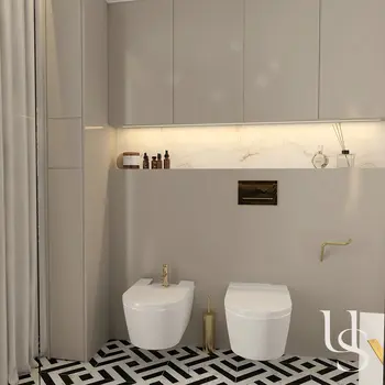 Nowoczesna łazienka w stylu art deco i glamour z eleganckimi detalami.