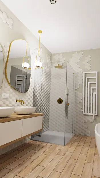 Nowoczesna łazienka z białymi umywalkami, drewnianą podłogą i złotymi akcentami w stylu boho, minimalistycznym i tradycyjnym.