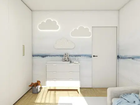 Pokój dziecięcy w stylu eklektycznym z białymi meblami i minimalistycznymi dodatkami.