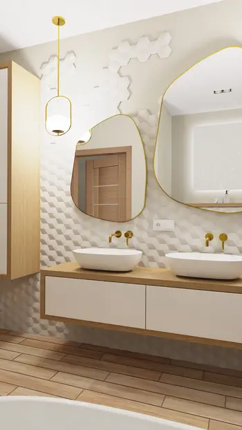 Łazienka w stylu boho, minimalistycznym i tradycyjnym z białymi umywalkami.