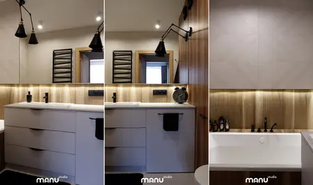 Wnętrze nowoczesnej łazienki w stylu skandynawskim z drewnem i białymi detalami.