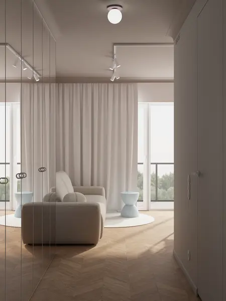 Wnętrze eklektycznego salonu z nowoczesnymi akcentami, beżowa sofa i brązowa podłoga.