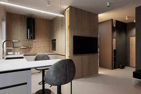 Wnętrze kuchni w stylu eklektycznym i minimalistycznym z drewnianymi akcentami.