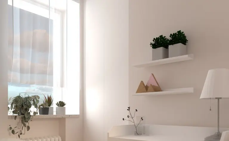 Minimalistyczny pokój z białymi ścianami, biurkiem i roślinami, styl soft minimalizm