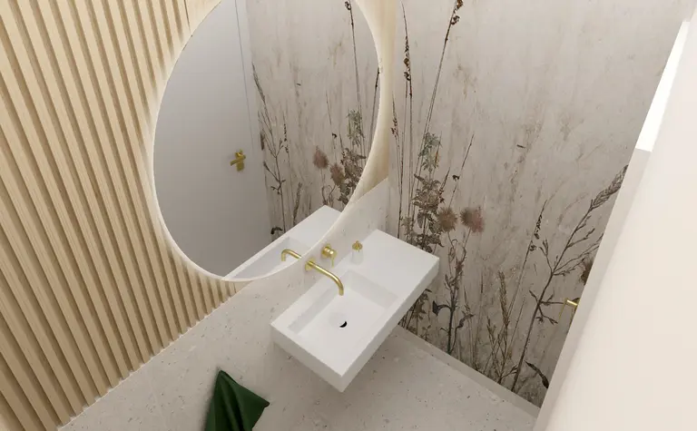 Nowoczesna łazienka w stylu skandynawskim z drewnianymi detalami.