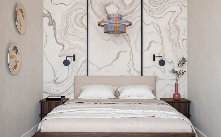 Sypialnia z łóżkiem, minimalistycznym oświetleniem i ścianą w stylu art deco