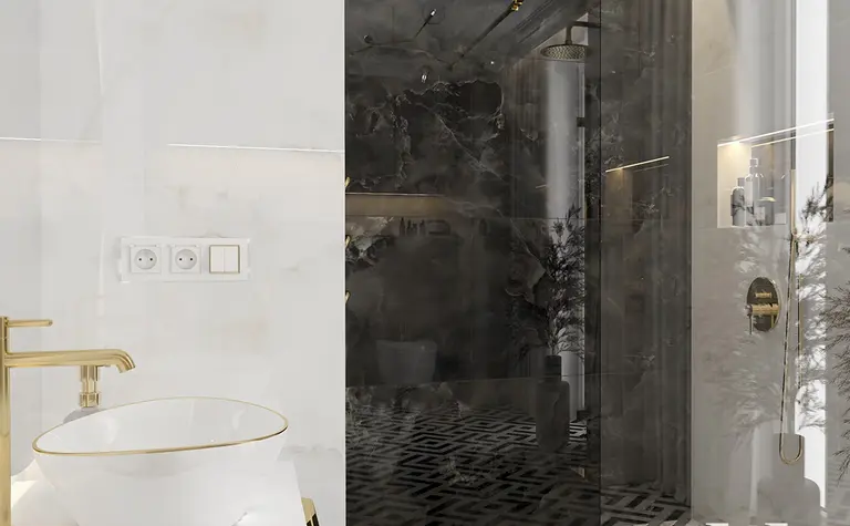 Nowoczesna łazienka w stylu art deco, glamour i quiet luxury z eleganckimi akcentami.