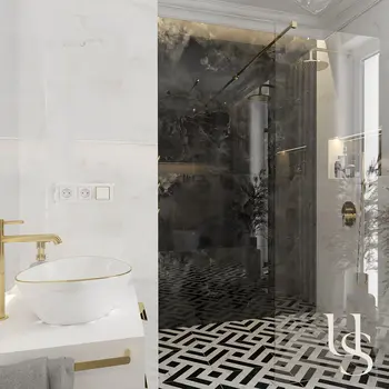 Nowoczesna łazienka w stylu art deco, glamour i quiet luxury z eleganckimi akcentami.