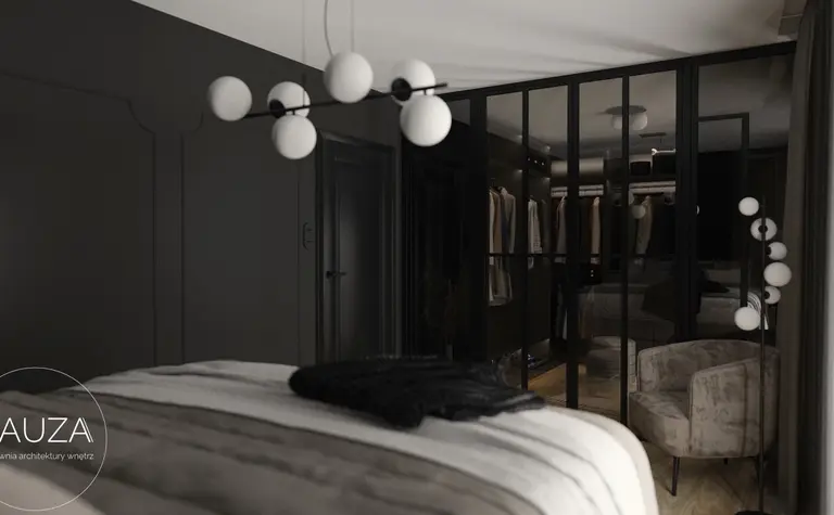 Wnętrze nowoczesnej sypialni z ciemnymi ścianami, jasnym łóżkiem i eleganckimi detalami.